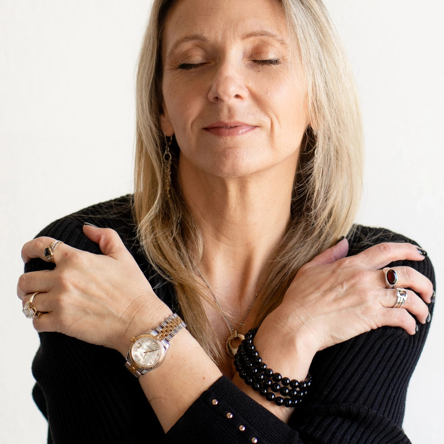 Rebekah wearing the Black Tourmaline Bracelets as a stack. The Evoline Black Tourmaline Protection & Grounding Bracelet, healing energy bracelet stacks