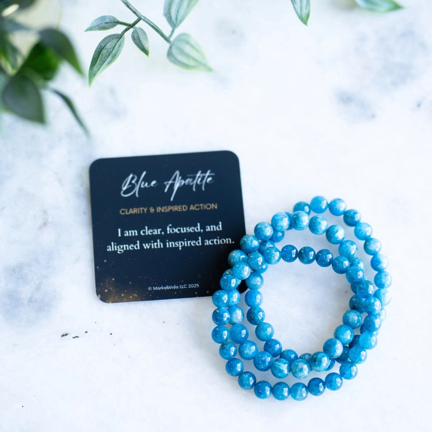 The Evoline Blue Apatite Clarity and Inspired Action Bracelet, stacked bracelets, healing energy 