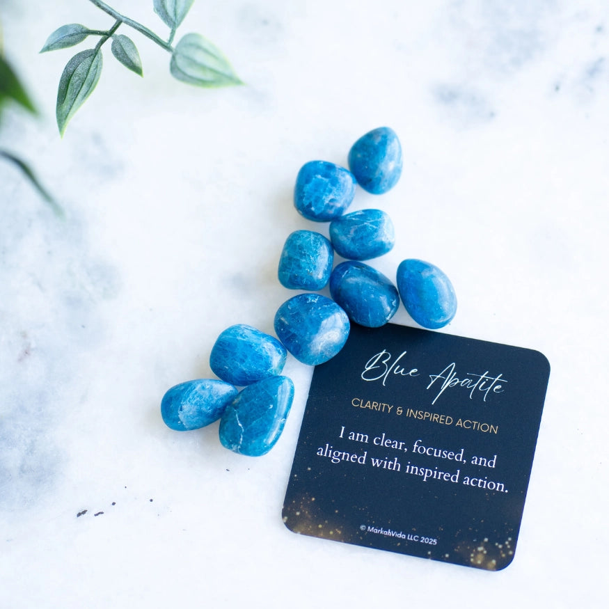 The Evoline Blue Apatite Clarity and Inspired Action Tumbled Stones with affirmation card.