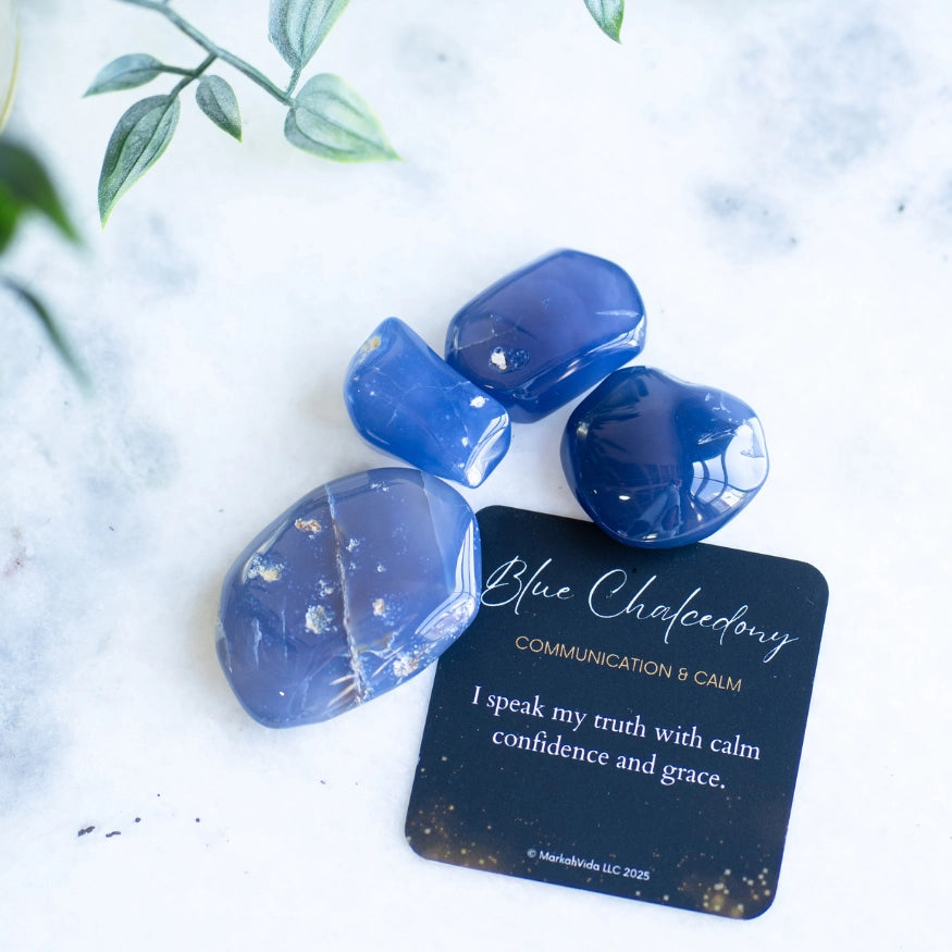 The Evoline Blue Chalcedony Communication and Calm Tumbled Stones with affirmation card.
