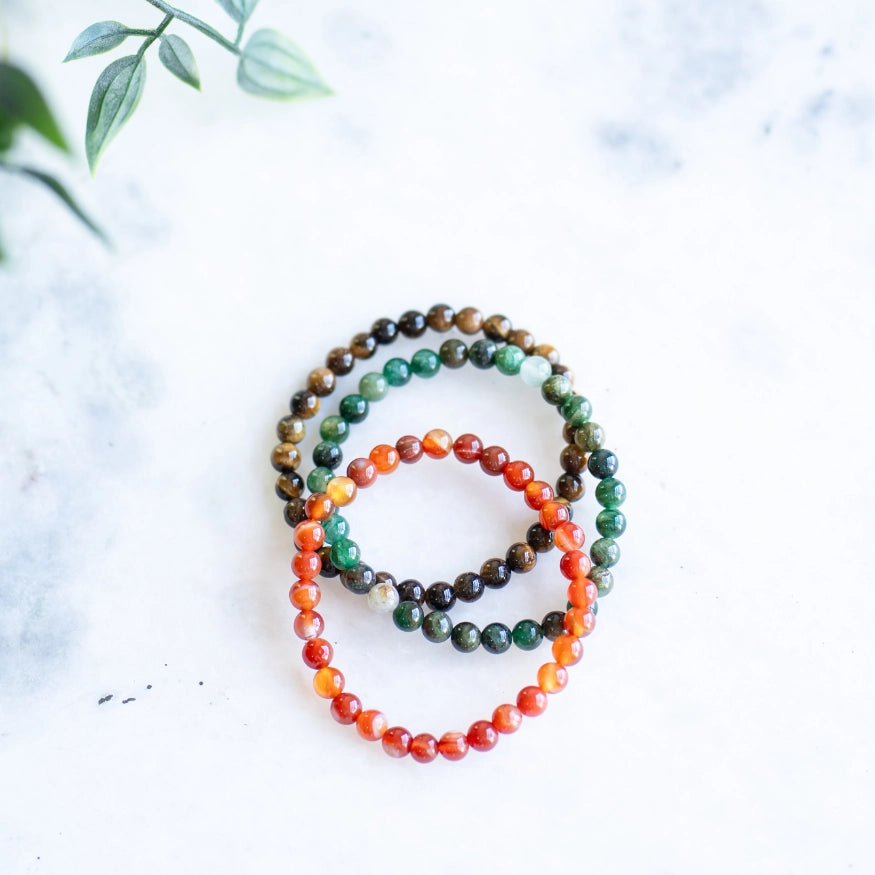 The Evoline Action & Magnetism 3-Bracelet Stack: Carnelian, Green Aventurine & Tiger’s Eye