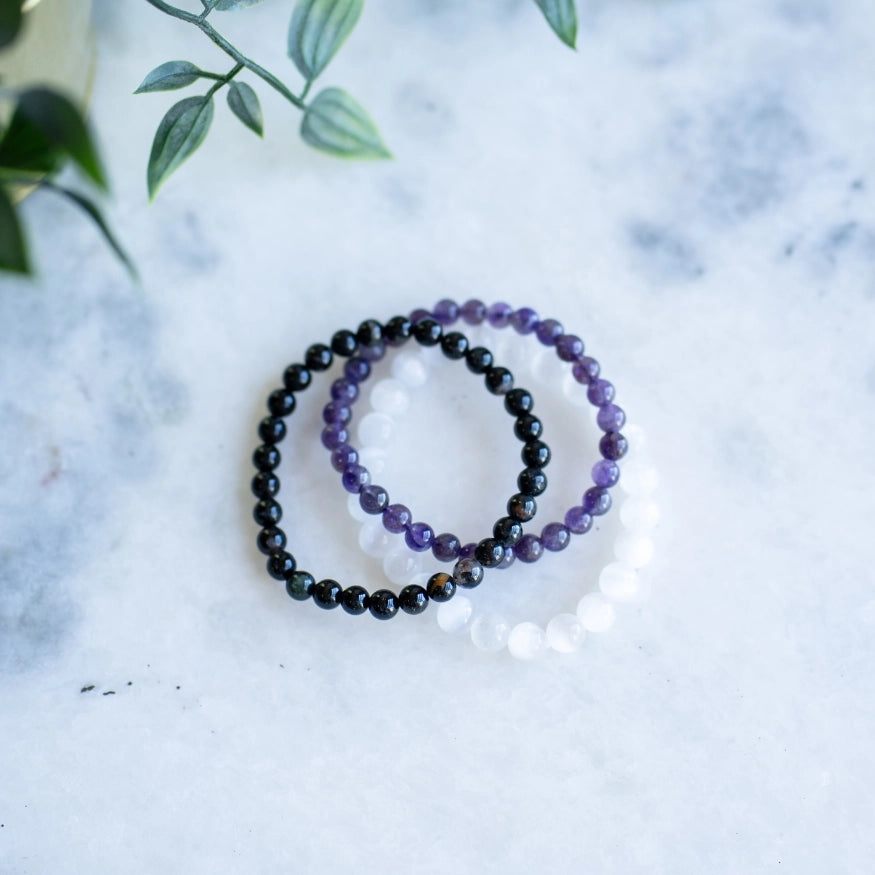 The Evoline Grounding & Clearing 3-Bracelet Stack: Black Tourmaline, Amethyst & Selenite 