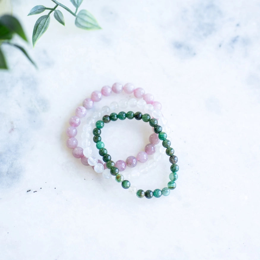 The Evoline Freedom & Joy 3-Bracelet Stack: Green Aventurine, Moonstone & Rose Quartz (Abundance)