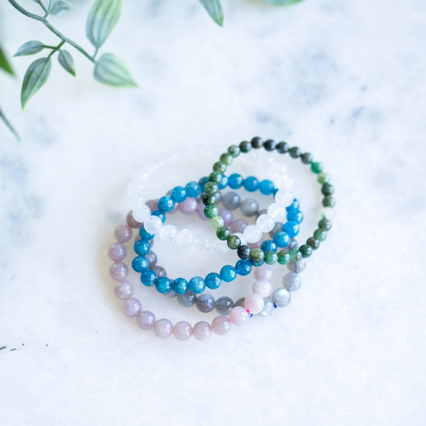 The Evoline Freedom & Joy (Abundance) 5-Bracelet Stack: Green Aventurine, Moonstone, Rose Quartz, Labradorite & Blue Apatite