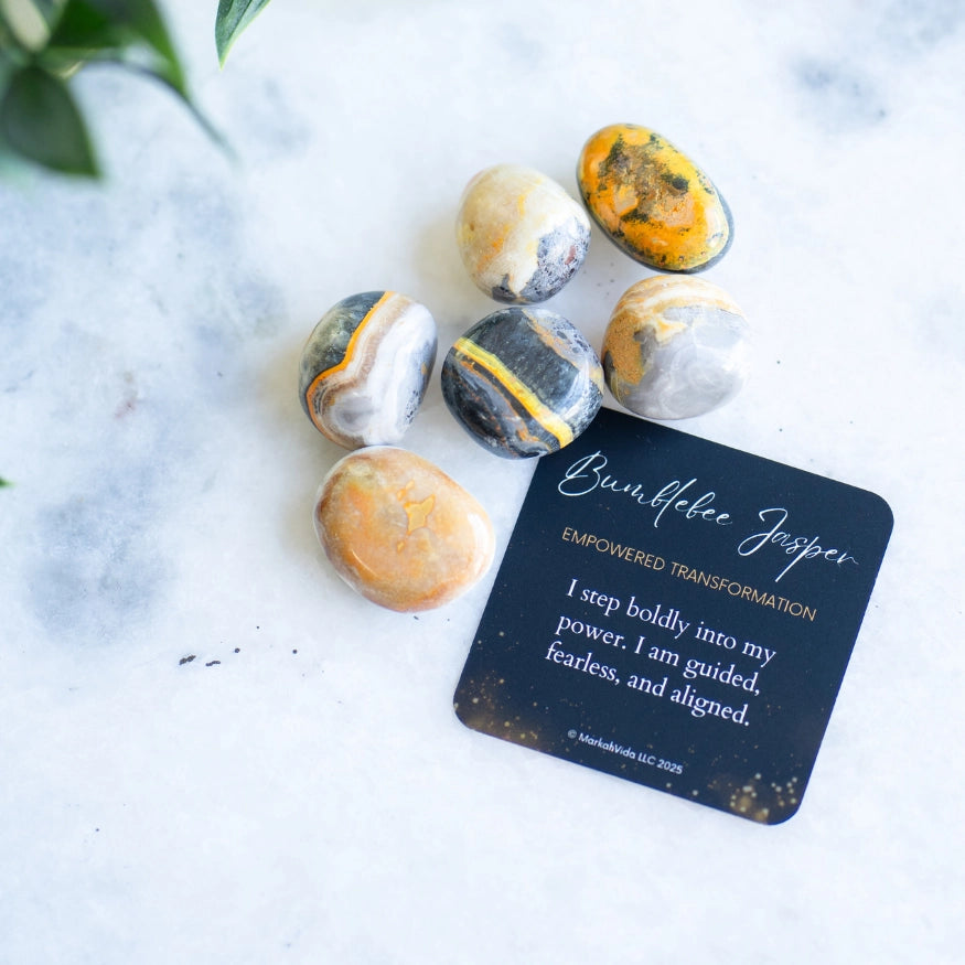 The Evoline Bumblebee Jasper Empowered Transformation Tumbled Stone with Affirmation Card.