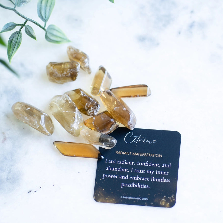 The Evoline Citrine Radiant Manifestation Tumbled Stone with affirmation card