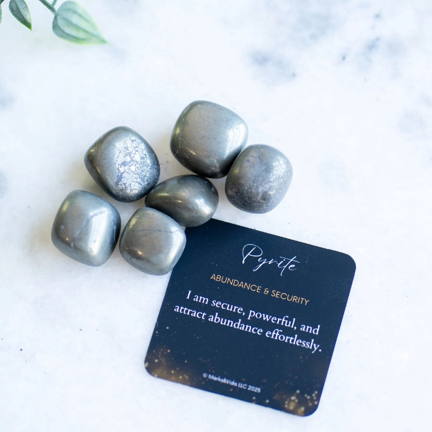 The Evoline Pyrite Abundance & Security Tumbled Stones with affirmation card.