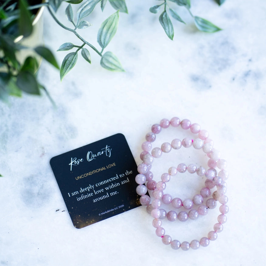 The Evoline Rose Quartz Unconditional Love Bracelets with Affirmation card. 