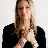 Rebekah wearing The Evoline Rose Quartz Unconditional Love Bracelets