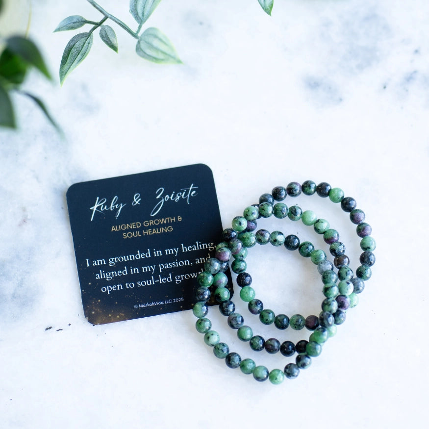 The Evoline Ruby & Zoisite Aligned growth and soul healing Bracelet with affirmation card.