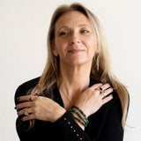 Rebekah wearing The Evoline Ruby & Zoisite Aligned growth and soul healing Bracelet