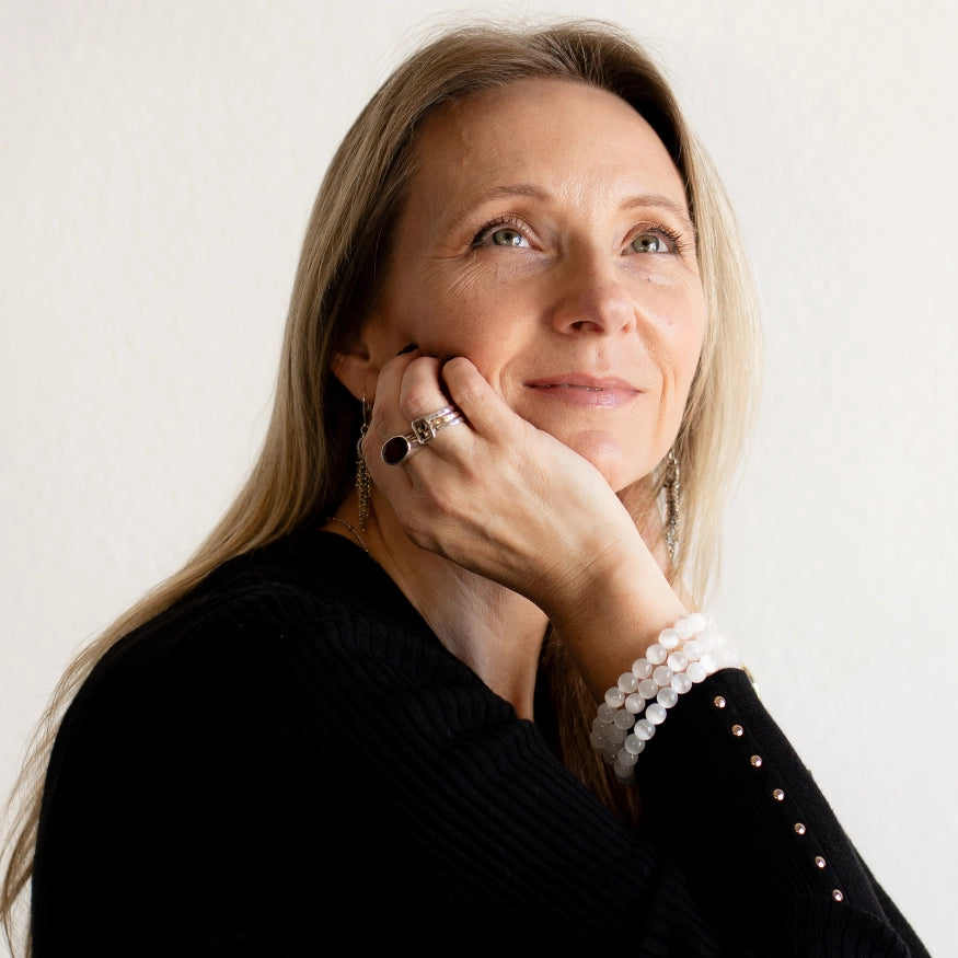 Rebekah wearing The Evoline Selenite Cleansing & Higher Light Connection Bracelet 