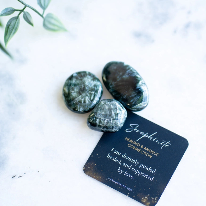 The Evoline Seraphinite Healing and Angelic Connection Tumbled Stone with affirmation card.