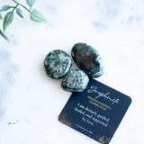 The Evoline Seraphinite Healing and Angelic Connection Tumbled Stone with affirmation card.