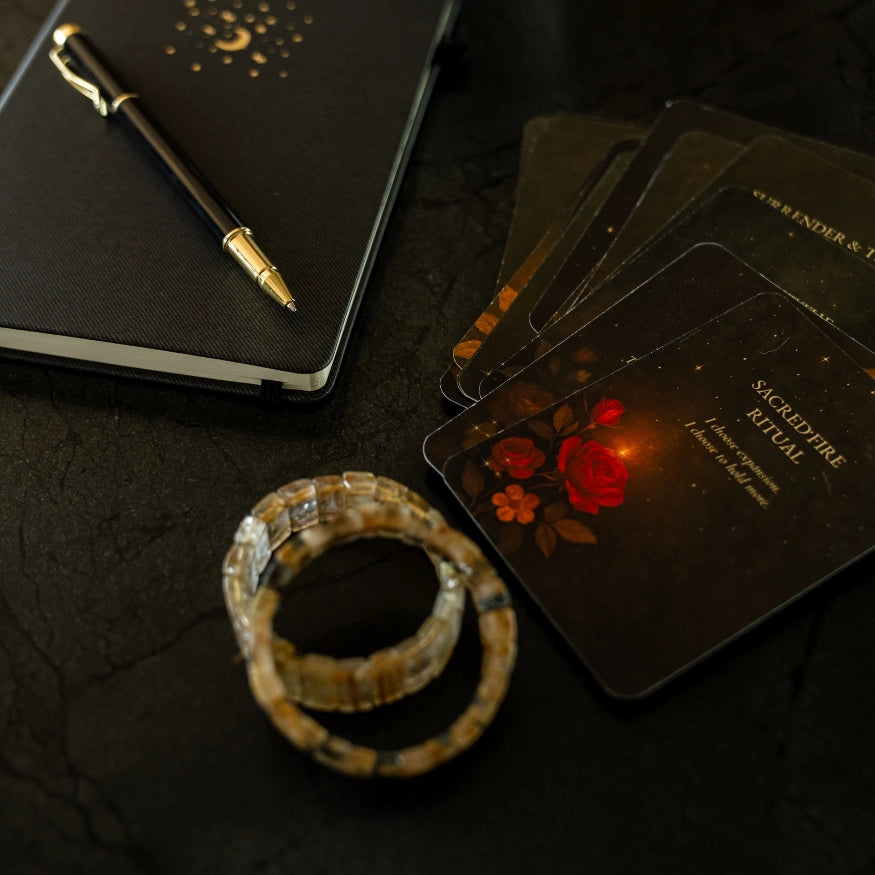 Rutilated Quartz Bracelet with ritual cards and a notebook for journaling.